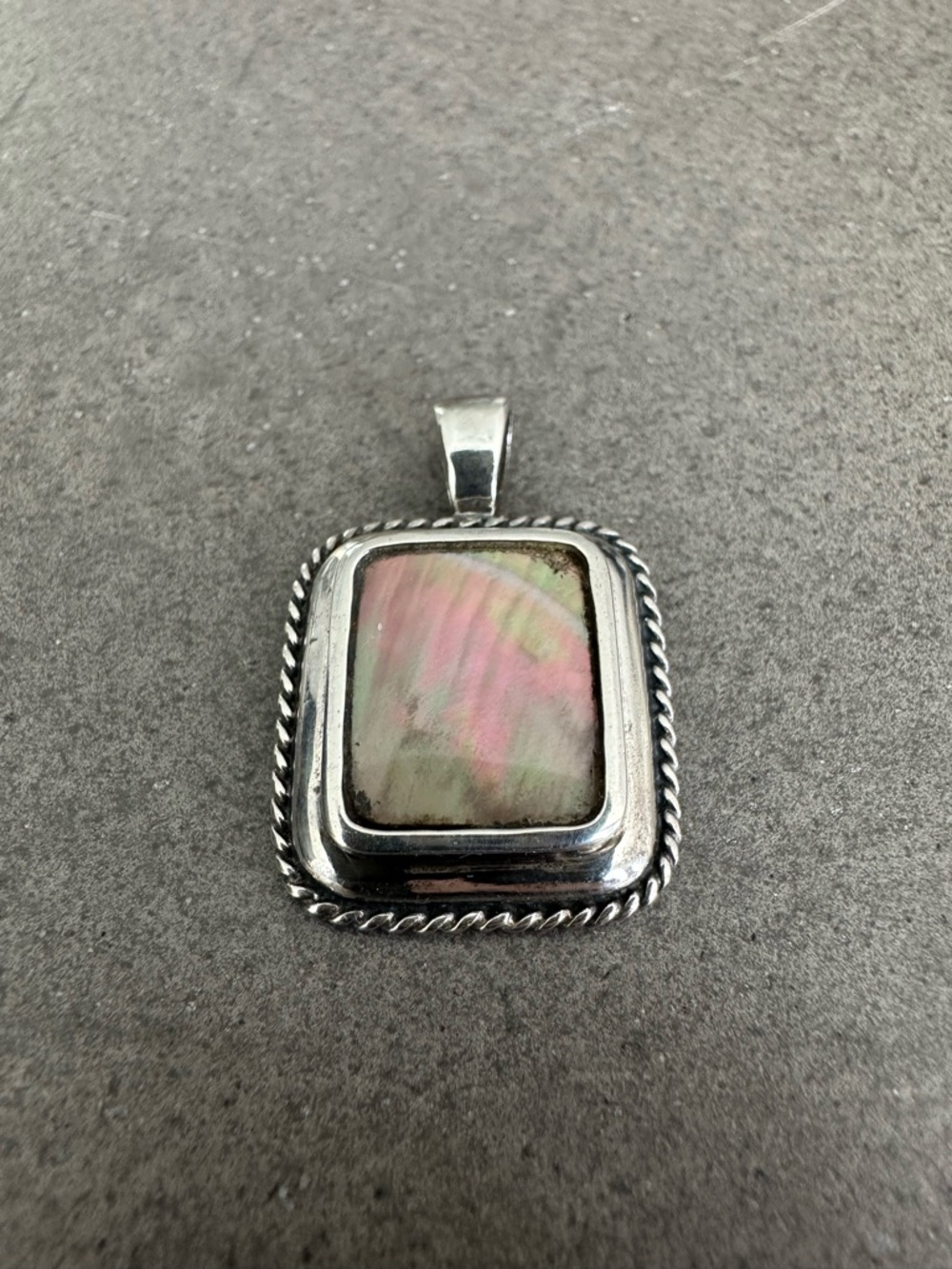Sterling Silver Rectangular Abalone Pendant in Iridescent Pink-Green